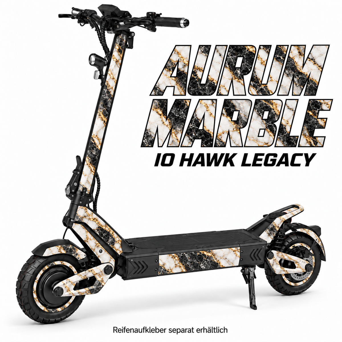 IO HAWK LEGACY SKIN | AURUM MARBLE – Designvisualisierung; Scooter nicht enthalten. Reifenaufkleber separat erhältlich.