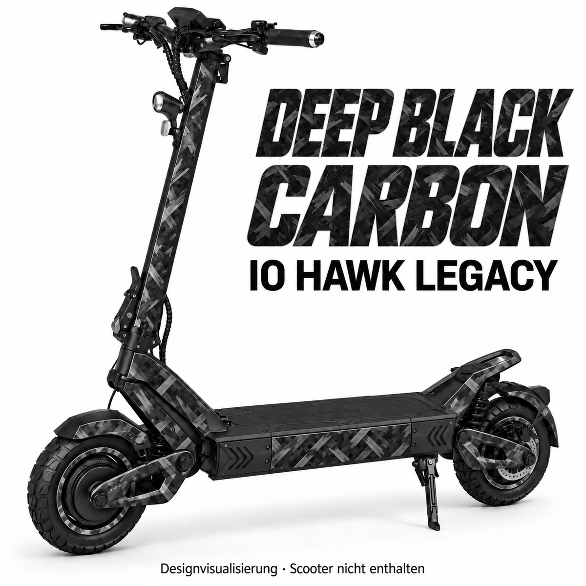 IO HAWK Legacy Skin DEEP BLACK CARBON – Designvisualisierung. Reifenaufkleber separat erhältlich. Scooter nicht enthalten.