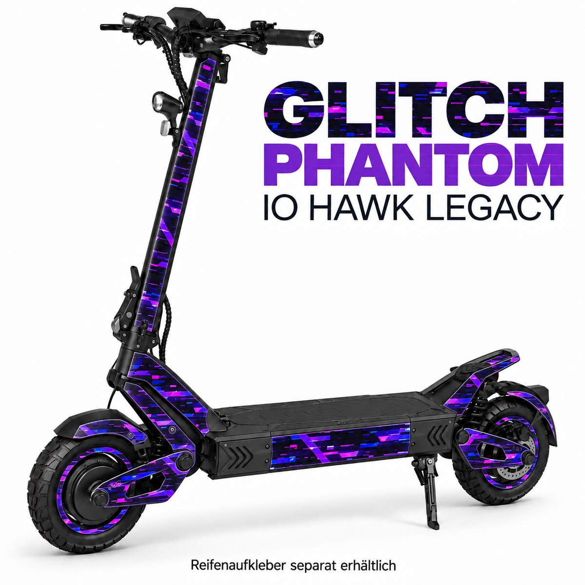 IO HAWK LEGACY SKIN | GLITCH PHANTOM – Designvisualisierung; Scooter nicht enthalten. Reifenaufkleber separat erhältlich.