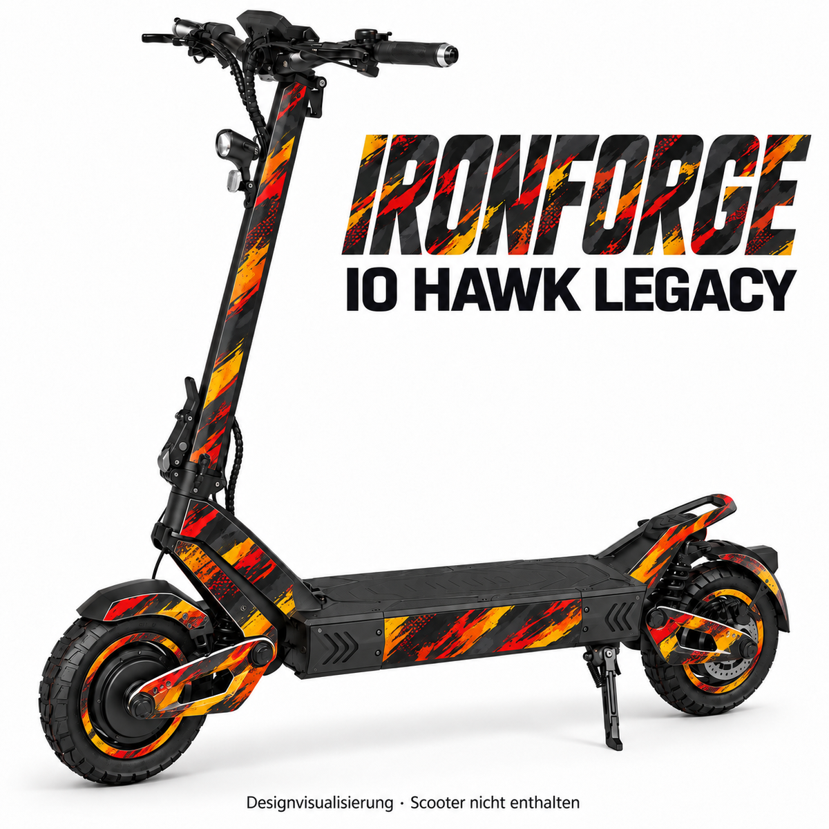 IO HAWK Legacy Skin IRONFORGE – Designvisualisierung. Reifenaufkleber separat erhältlich. Scooter nicht enthalten.