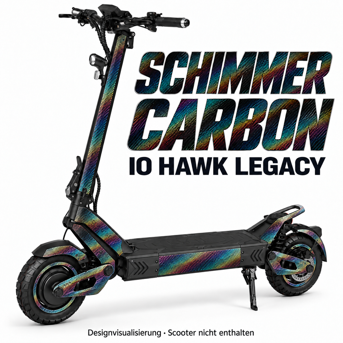 IO HAWK Legacy Skin SCHIMMER CARBON – Designvisualisierung. Reifenaufkleber separat erhältlich. Scooter nicht enthalten.