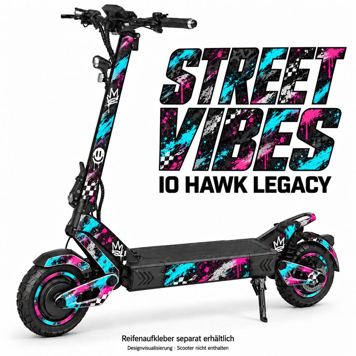 IO HAWK LEGACY SKIN | STREET VIBES – Designvisualisierung; Scooter nicht enthalten. Reifenaufkleber separat erhältlich.