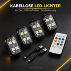 Produktvisualisierung: vier kabellose LED-Module, Fernbedienung und USB-Ladekabel