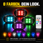 Produktvisualisierung: LED-Set mit acht Lichtfarben und Fernbedienung, Effektbeleuchtung für Privatgelände