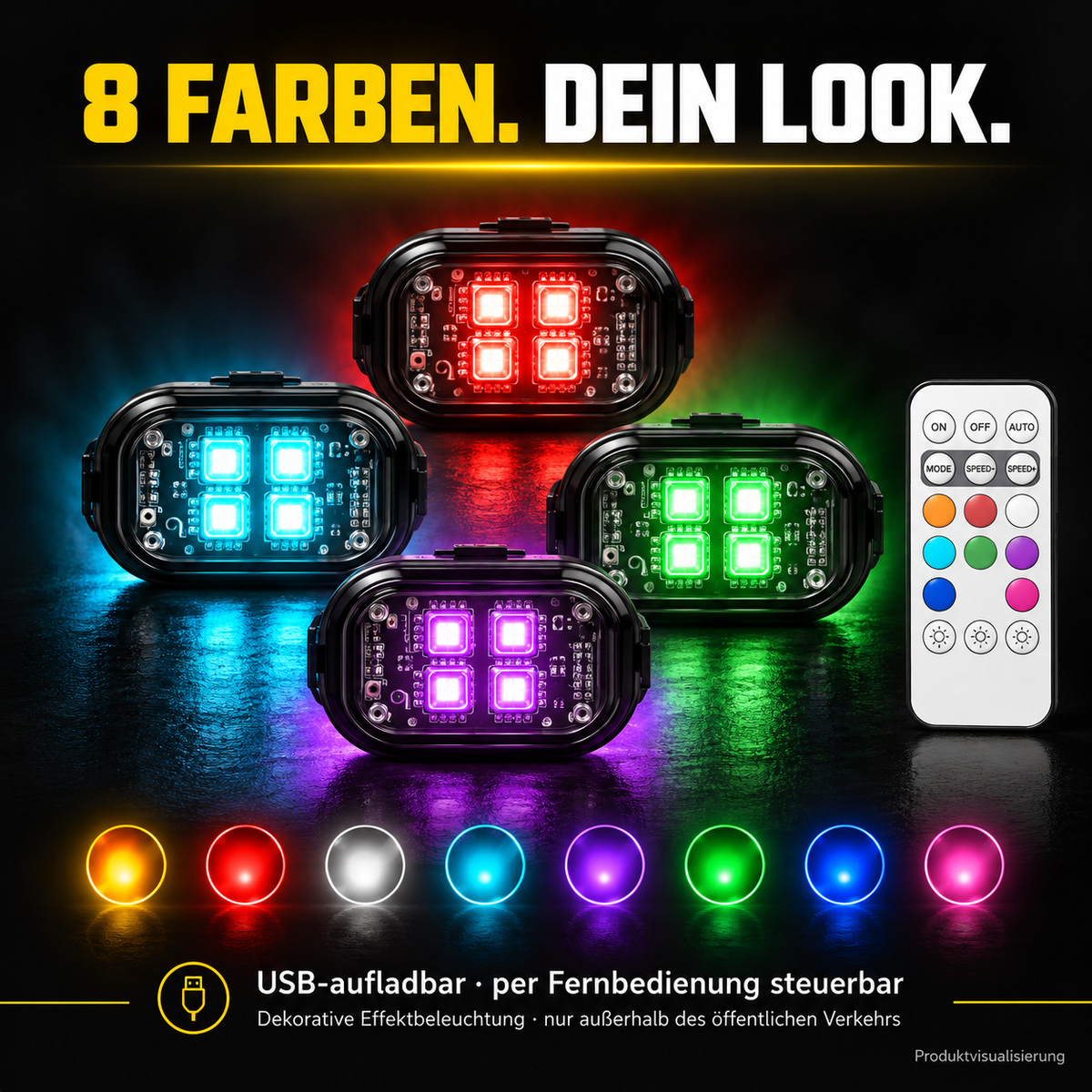 Produktvisualisierung: LED-Set mit acht Lichtfarben und Fernbedienung, Effektbeleuchtung für Privatgelände