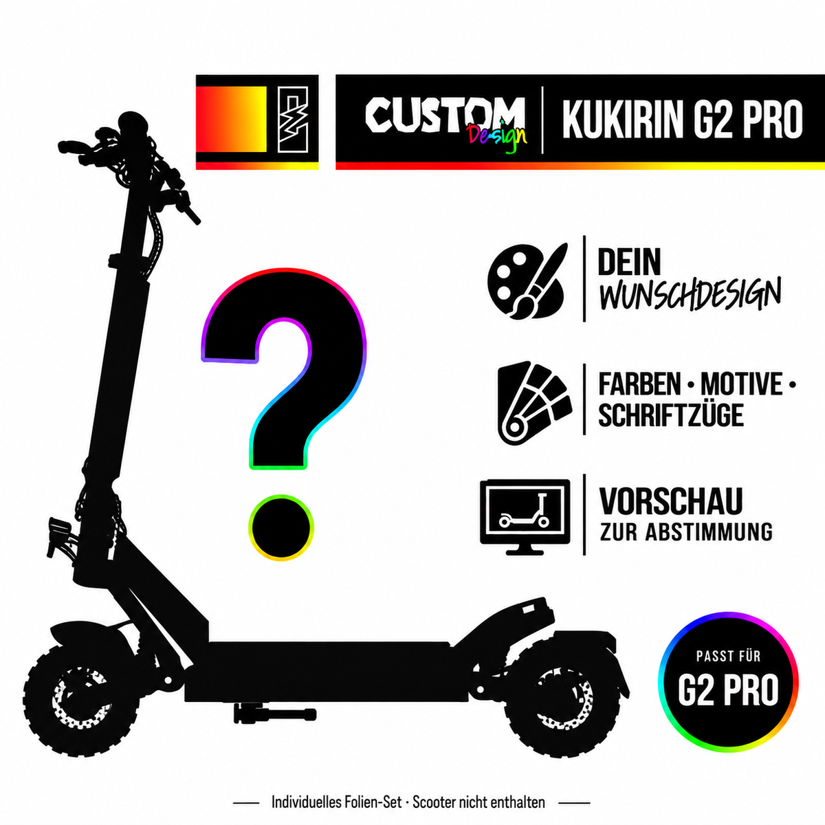 KUKIRIN G2 PRO SKIN | CUSTOM – Custom-Wunschdesign mit Scootersilhouette, Farben, Motiven und Schriftzügen