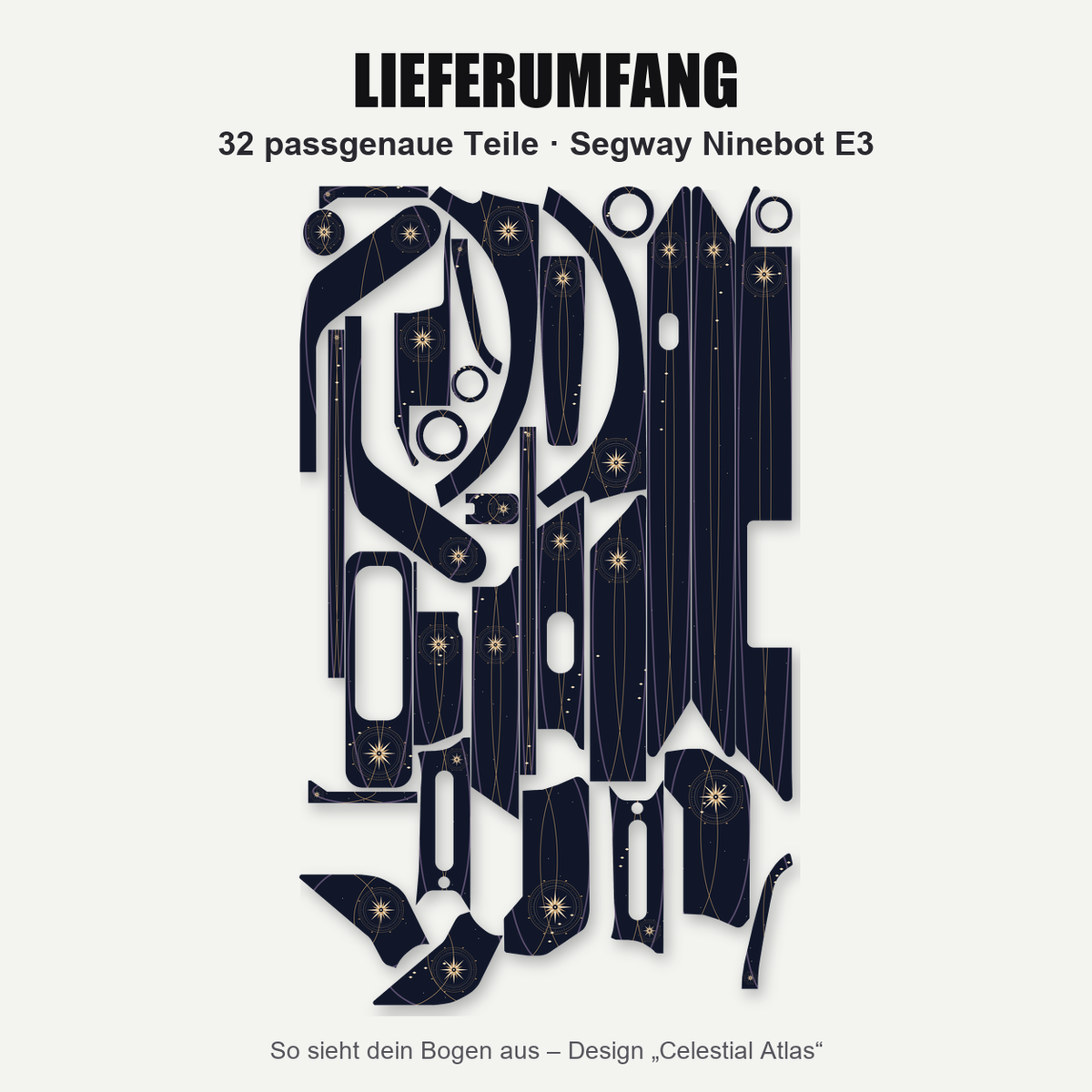 Lieferumfang: 32 passgenaue Folienteile für Segway Ninebot E3 – Design Celestial Atlas (Formbogen)
