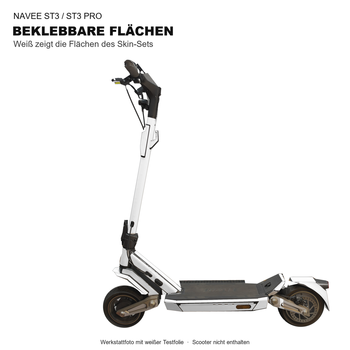 NAVEE ST3 / ST3 Pro – beklebbare Flächen des Skin-Sets in Weiß (Werkstattfoto mit Testfolie). Scooter nicht enthalten.