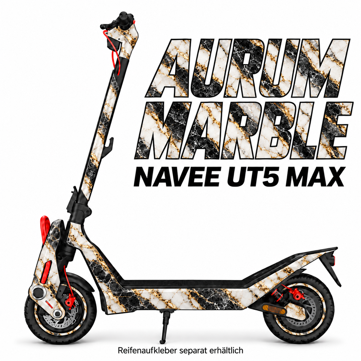 NAVEE UT5 MAX SKIN | AURUM MARBLE – Designvisualisierung; Scooter nicht enthalten. Reifenaufkleber separat erhältlich.