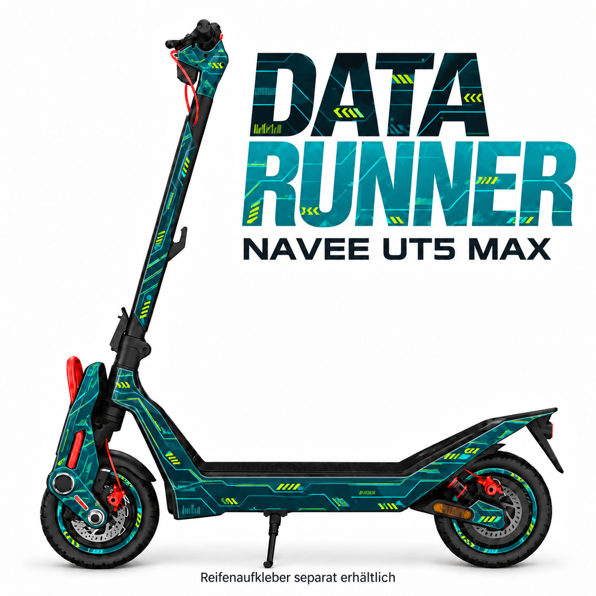 NAVEE UT5 Max Skin DATA RUNNER – Designvisualisierung. Reifenaufkleber separat erhältlich. Scooter nicht enthalten.
