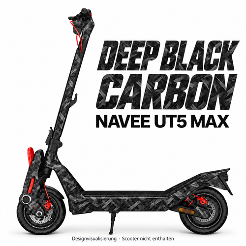 NAVEE UT5 Max Skin DEEP BLACK CARBON – Designvisualisierung. Reifenaufkleber separat erhältlich. Scooter nicht enthalten.