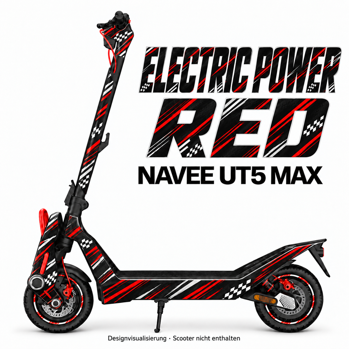 NAVEE UT5 Max Skin ELECTRIC POWER RED – Designvisualisierung. Reifenaufkleber separat erhältlich. Scooter nicht enthalten.