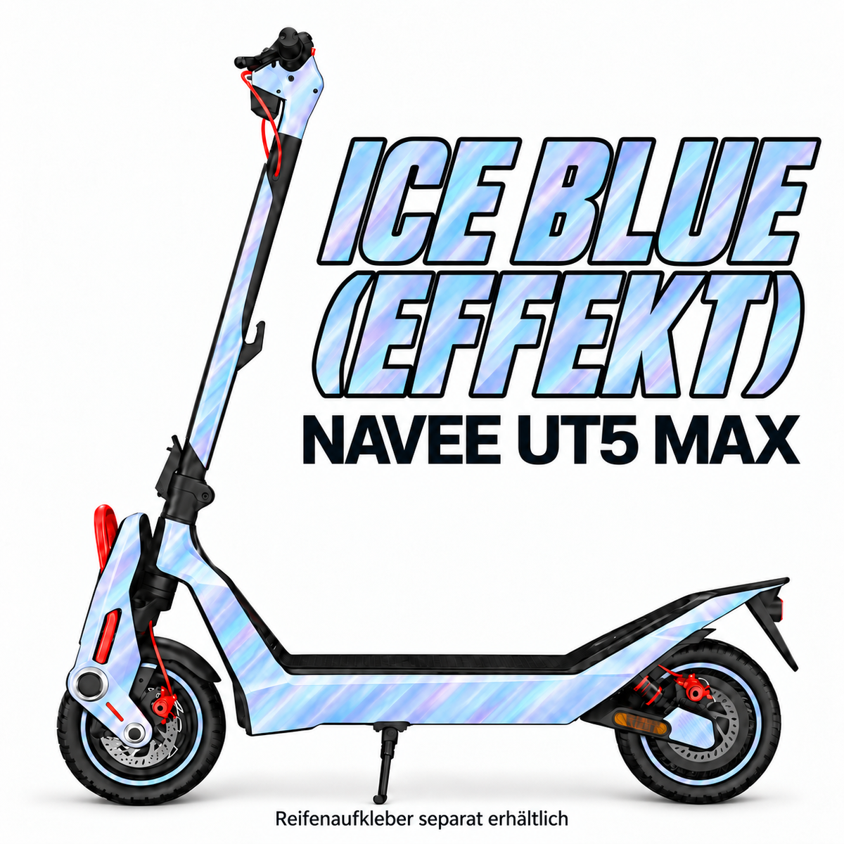 NAVEE UT5 MAX SKIN | ICE BLUE (EFFEKT) – Designvisualisierung; Scooter nicht enthalten. Reifenaufkleber separat erhältlich.