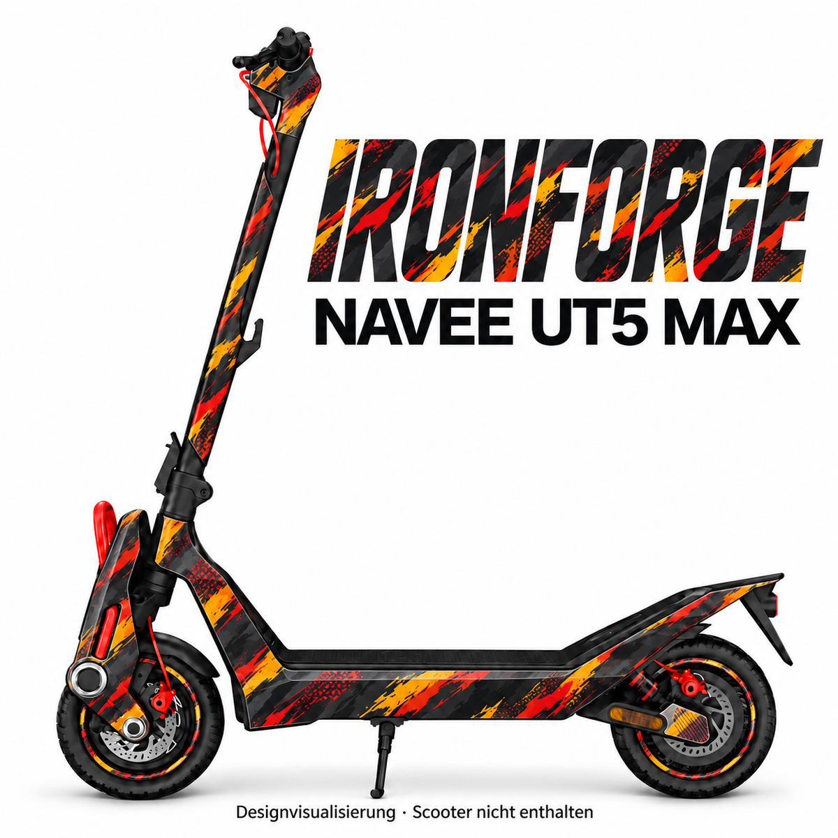 NAVEE UT5 Max Skin IRONFORGE – Designvisualisierung. Reifenaufkleber separat erhältlich. Scooter nicht enthalten.