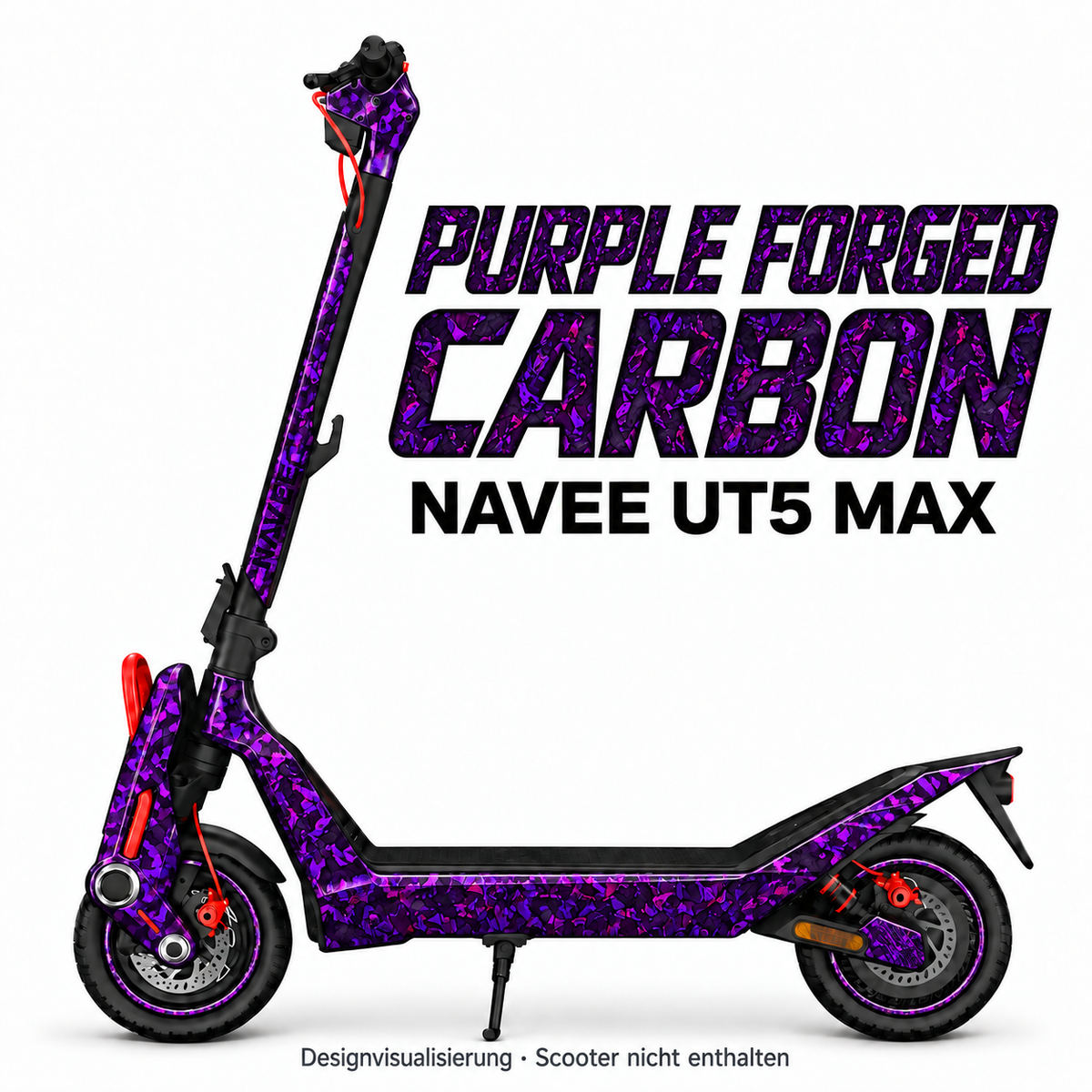 NAVEE UT5 Max Skin PURPLE FORGED CARBON – Designvisualisierung. Reifenaufkleber separat erhältlich. Scooter nicht enthalten.