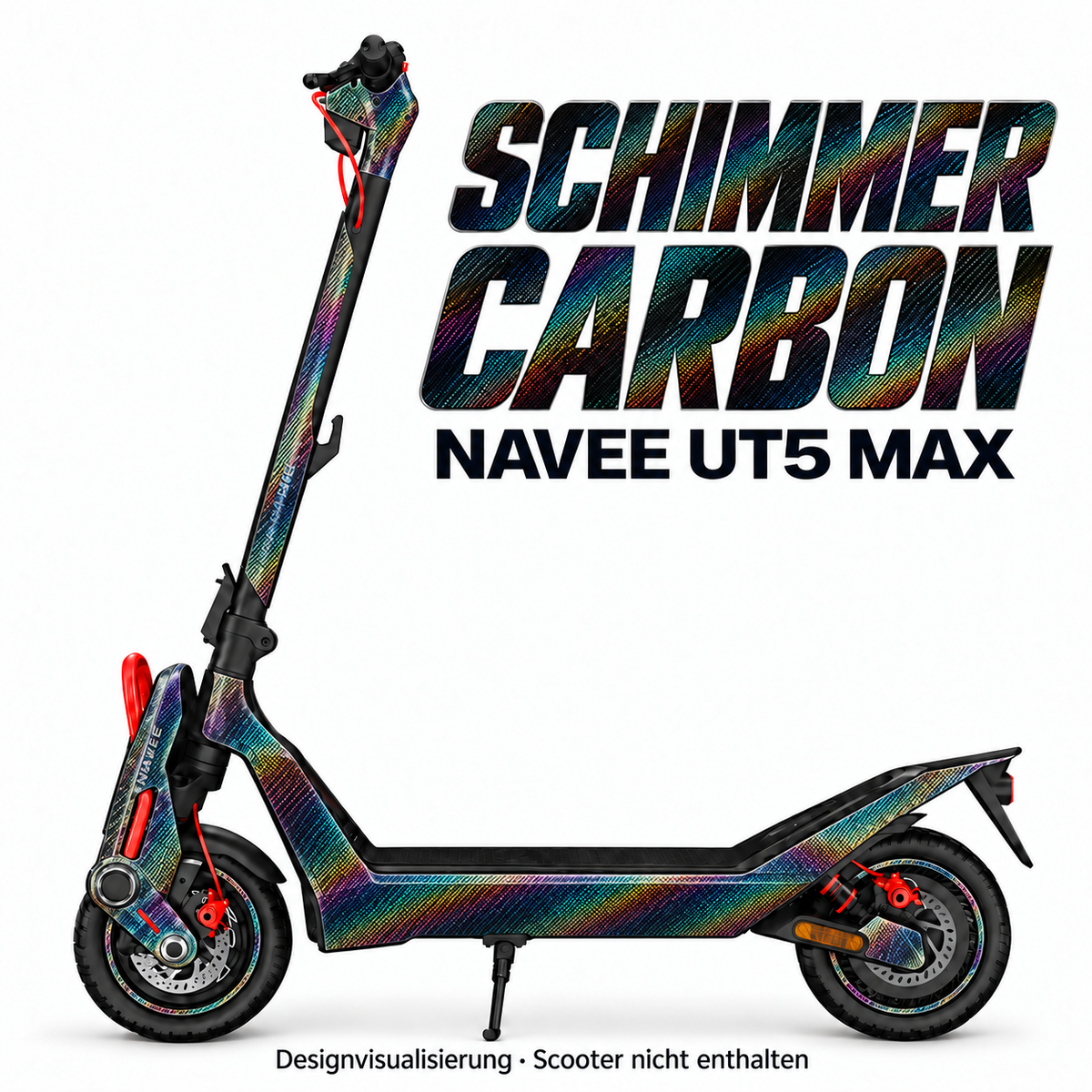 NAVEE UT5 Max Skin SCHIMMER CARBON – Designvisualisierung. Reifenaufkleber separat erhältlich. Scooter nicht enthalten.