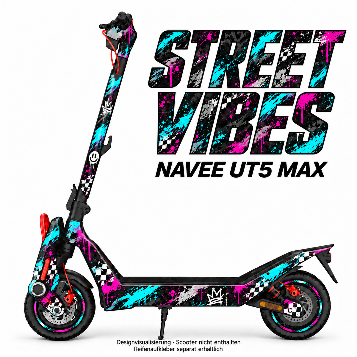 NAVEE UT5 MAX SKIN | STREET VIBES – Designvisualisierung; Scooter nicht enthalten. Reifenaufkleber separat erhältlich.