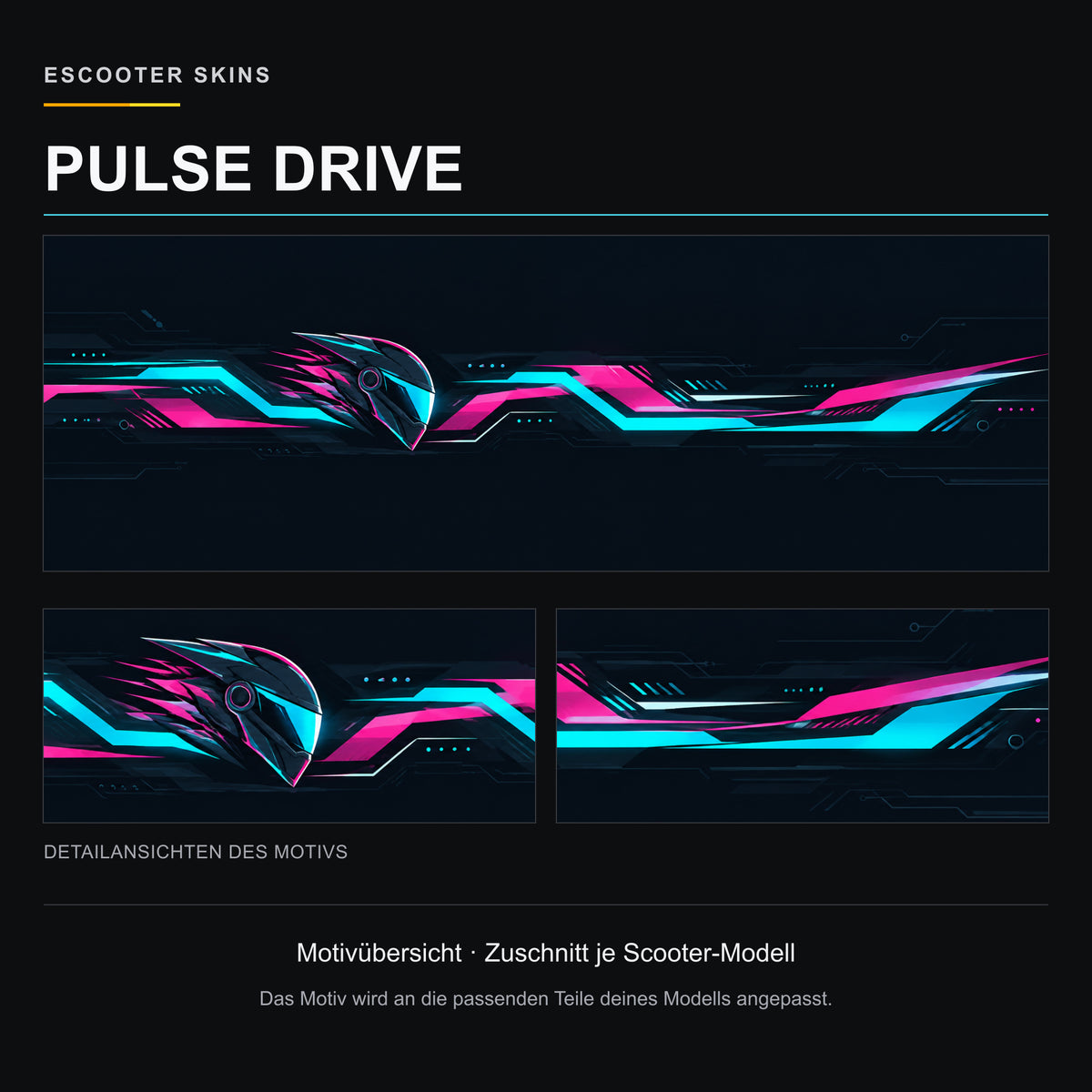 Pulse Drive – Motivübersicht in Cyan, Magenta und Anthrazit. Zuschnitt je Scooter-Modell.