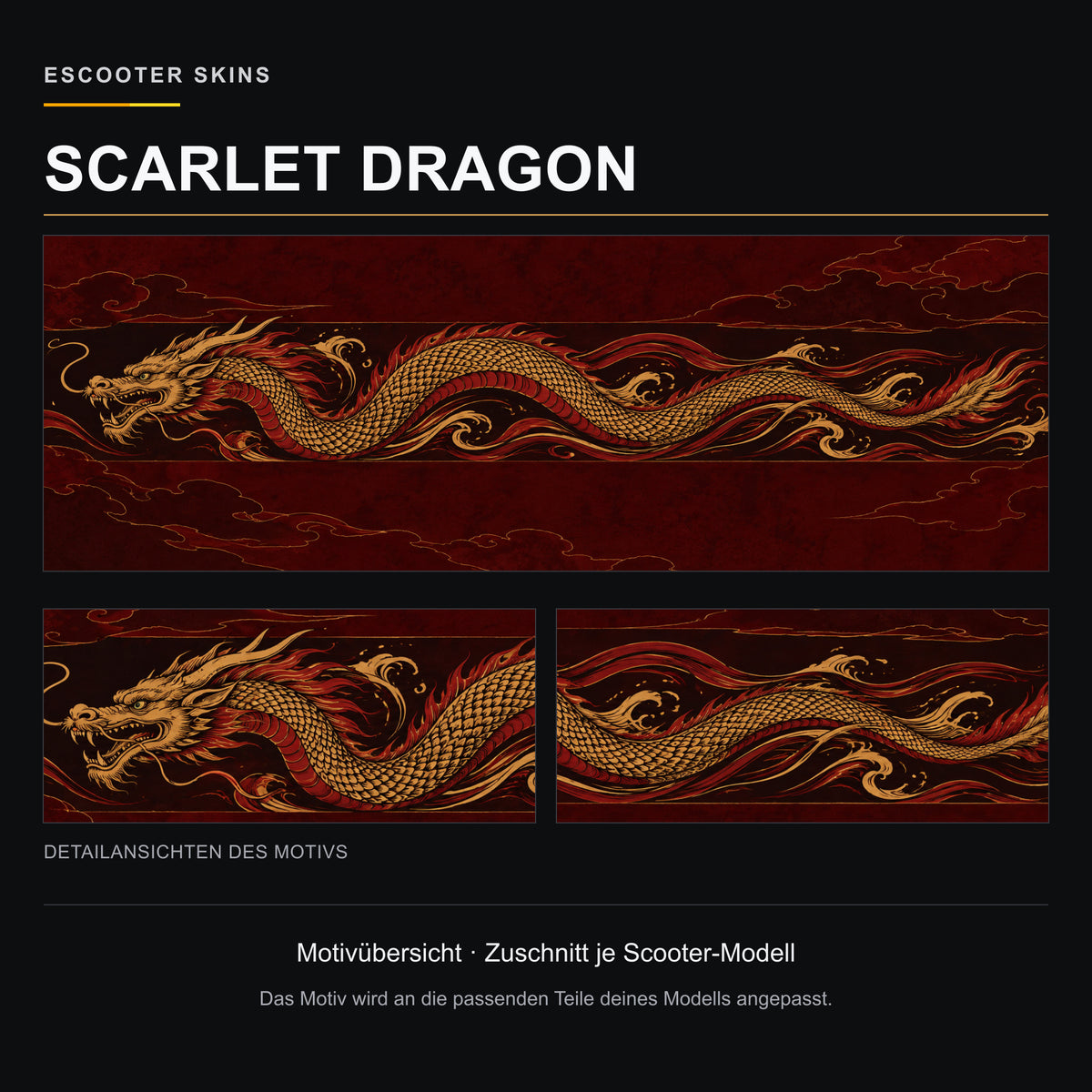 Scarlet Dragon – Motivübersicht mit rotem Drachen und Goldocker auf dunkelrotem Grund. Zuschnitt je Scooter-Modell.