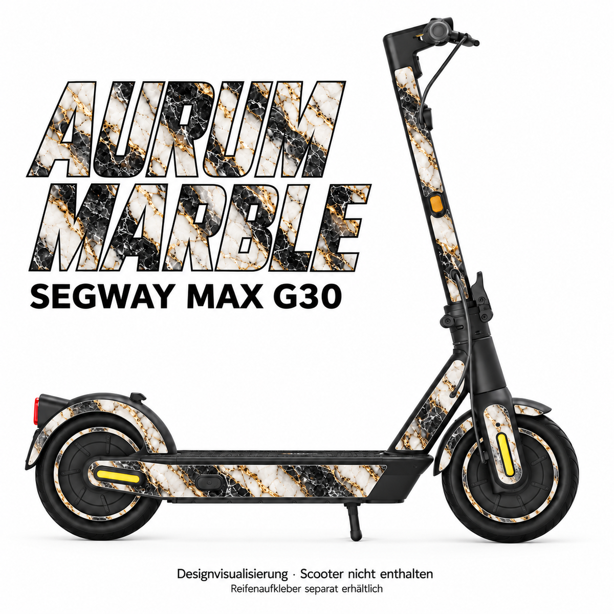 SEGWAY MAX G30 SKIN | AURUM MARBLE – Designvisualisierung; Scooter nicht enthalten. Reifenaufkleber separat erhältlich.