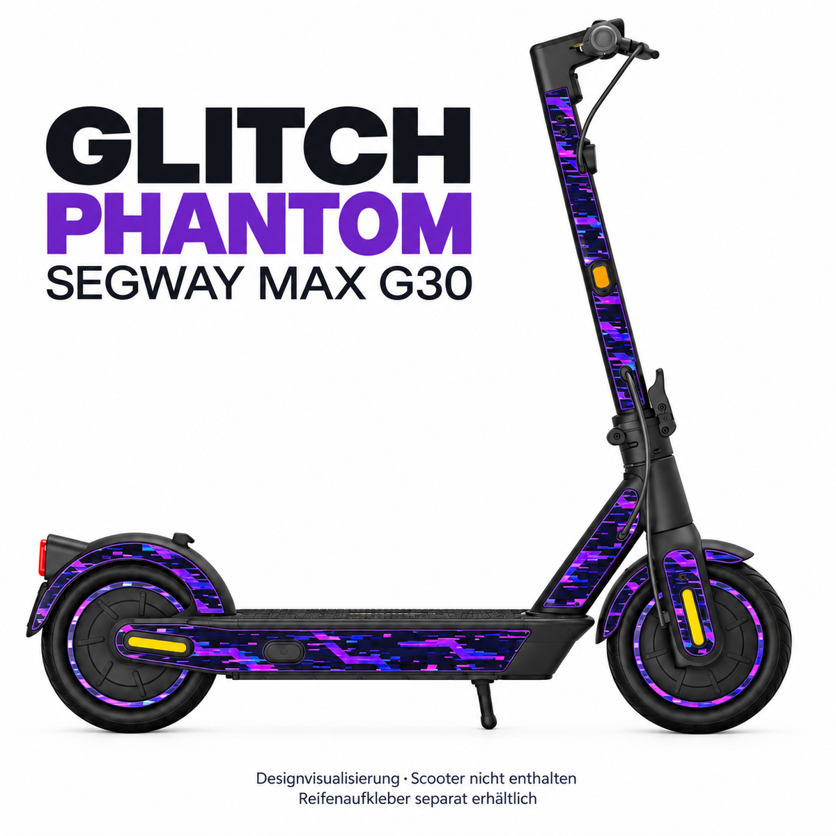 SEGWAY MAX G30 SKIN | GLITCH PHANTOM – Designvisualisierung; Scooter nicht enthalten. Reifenaufkleber separat erhältlich.