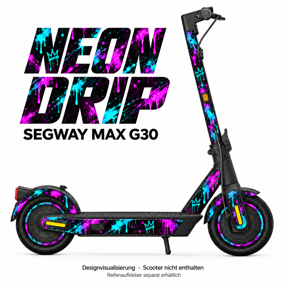 SEGWAY MAX G30 SKIN | NEON DRIP – Designvisualisierung; Scooter nicht enthalten. Reifenaufkleber separat erhältlich.