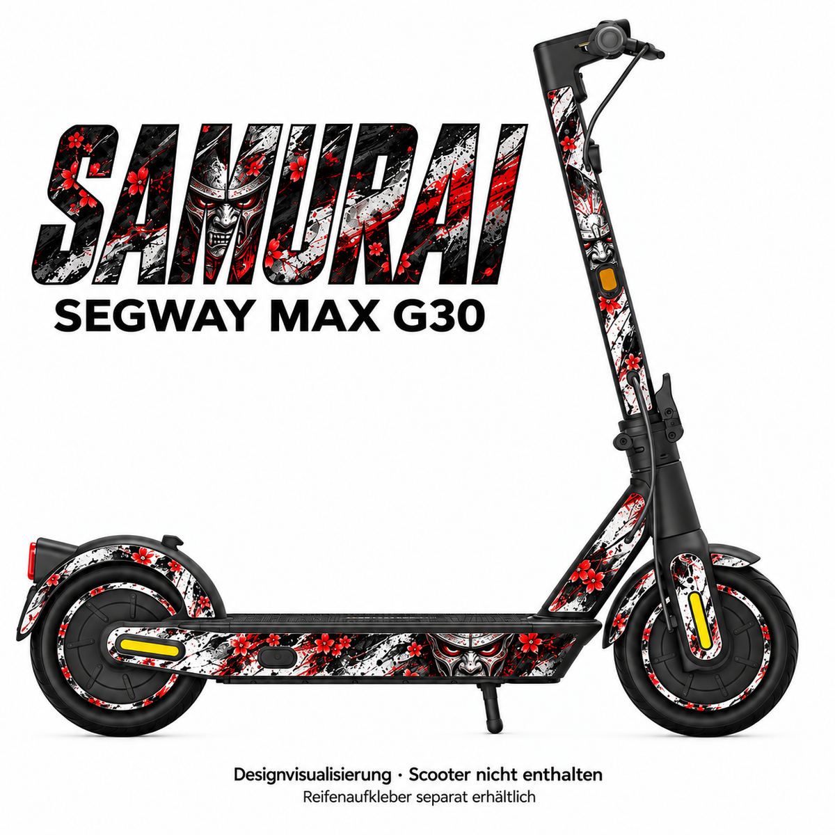 SEGWAY MAX G30 SKIN | SAMURAI – Designvisualisierung; Scooter nicht enthalten. Reifenaufkleber separat erhältlich.