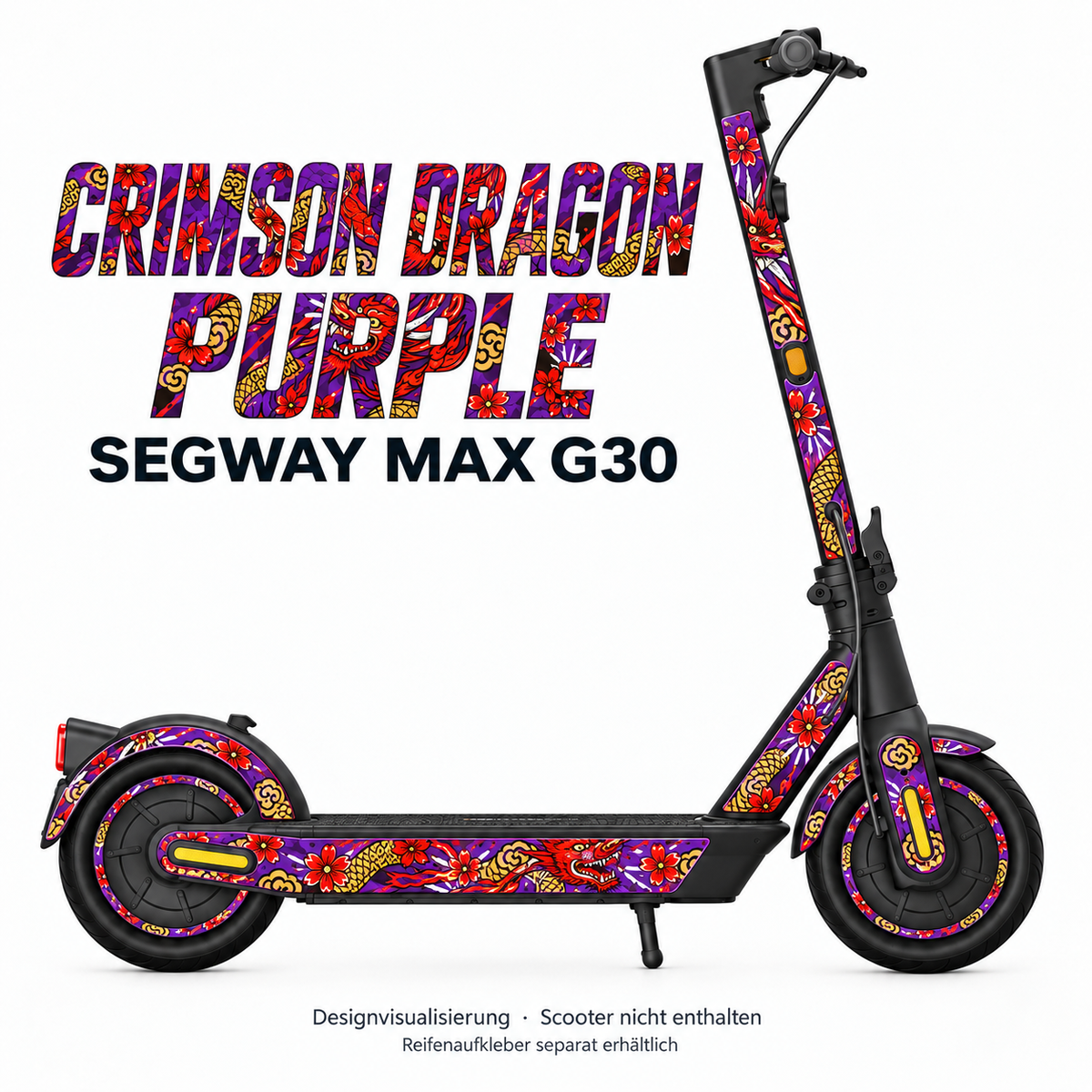 Segway MAX G30 – CRIMSON DRAGON PURPLE. Designvisualisierung; Reifenaufkleber separat erhältlich.