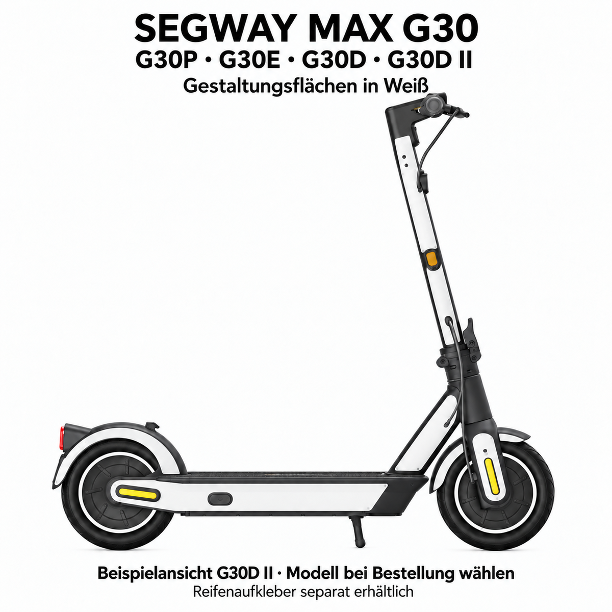 Segway MAX G30 – Gestaltungsflächen in Weiß. Reifenaufkleber separat erhältlich.