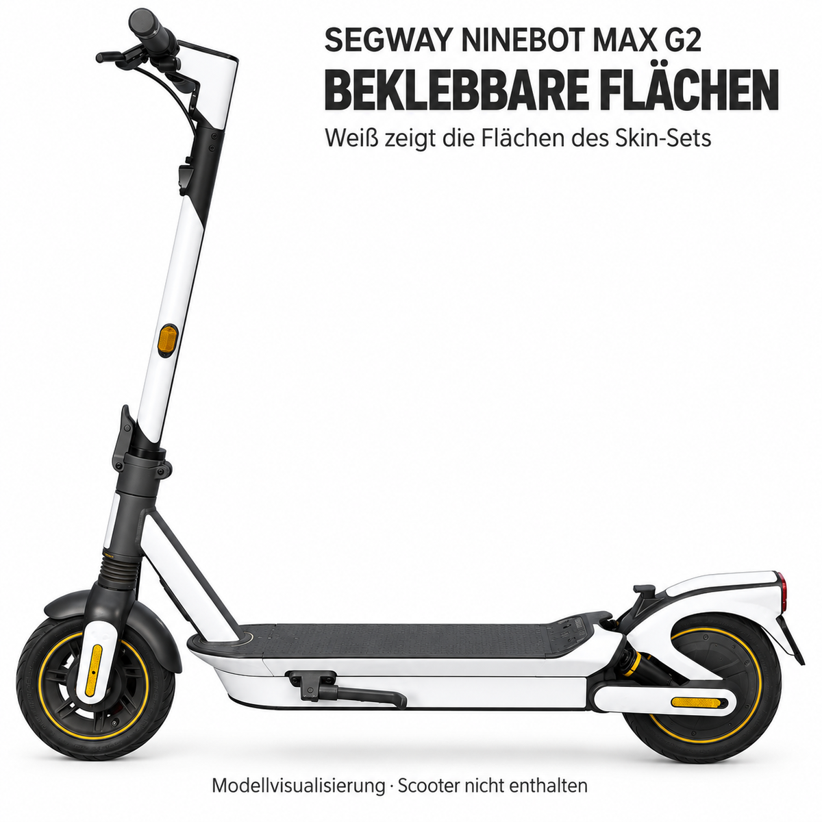 Segway Ninebot MAX G2 – beklebbare Skin-Flächen in Weiß, mit getrennten Seitenteilen und hinterem Schutzblech. Modellvisualisierung.
