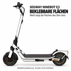 E3 – beklebbare Flächen des Skin-Sets in Weiß. Modellvisualisierung; Display, Leuchten, Reflektoren und Trittfläche bleiben frei.