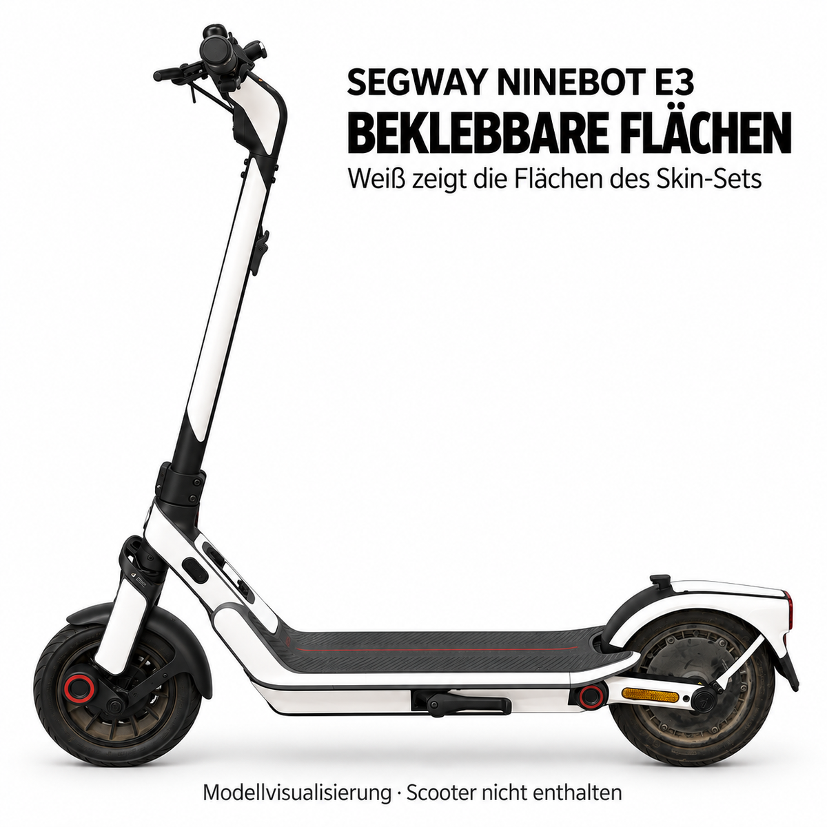 E3 – beklebbare Flächen des Skin-Sets in Weiß. Modellvisualisierung; Display, Leuchten, Reflektoren und Trittfläche bleiben frei.