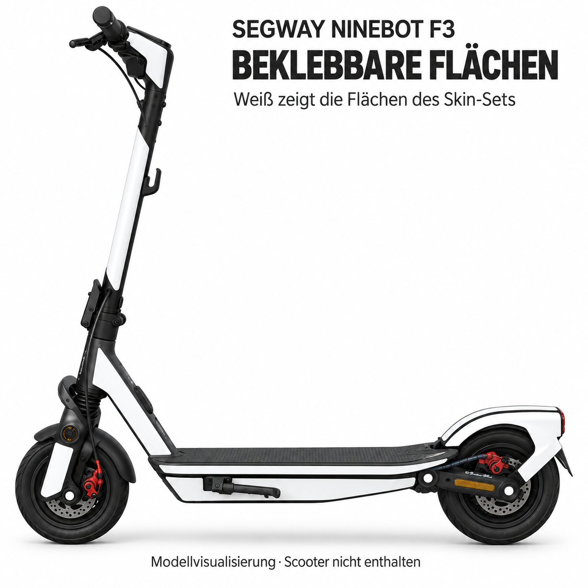 F3 – beklebbare Flächen des Skin-Sets in Weiß. Modellvisualisierung; Display, Leuchten, Reflektoren und Trittfläche bleiben frei.