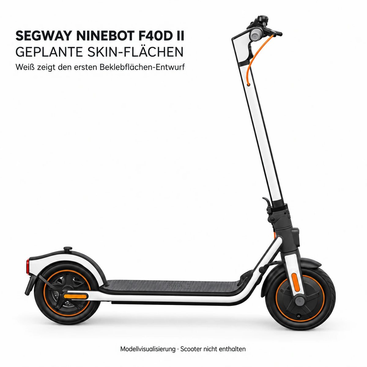 Segway Ninebot F40D II – weiße Skinflächen an Lenkkopf-Blende, Lenkstange vorn, Gabelverkleidung, den Seitenstreifen vom Rahmenhals bis zur Hinterachse und am hinteren Kotflügel. Felgenringe, Kabel, Reflektoren und Trittmatte bleiben frei; Scooter nicht enthalten.