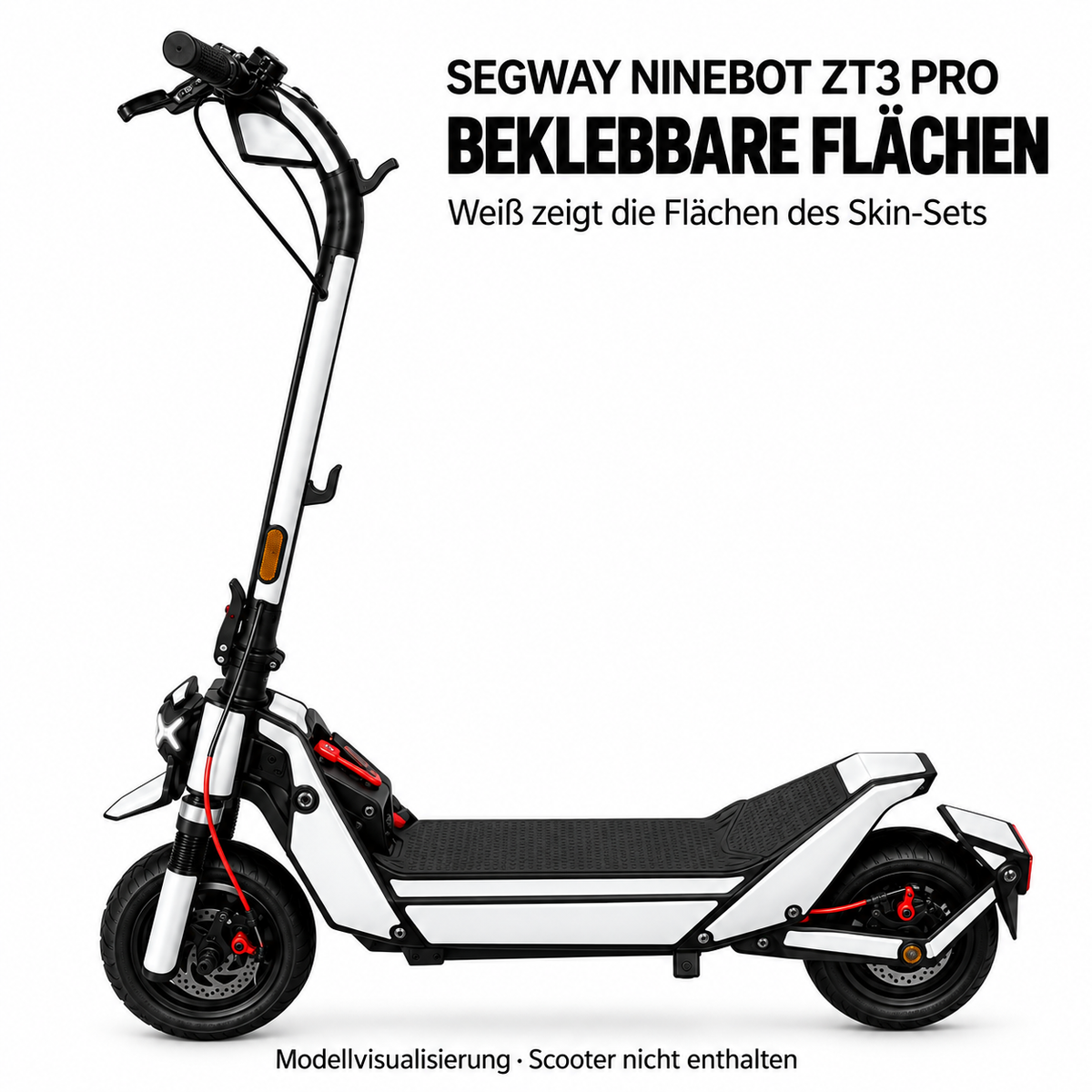 Segway Ninebot ZT3 Pro – Flächen des Skin-Sets in Weiß. Modellvisualisierung; Leuchten, Reflektoren und Trittfläche bleiben frei.