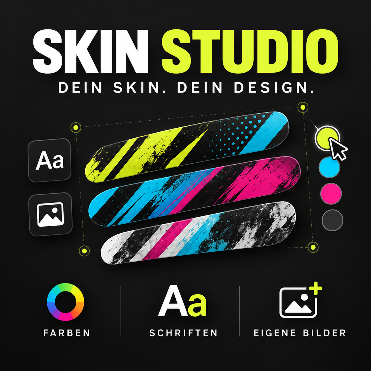 Skin Studio – E-Scooter Skins mit Farben, Schriften und eigenen Bildern selbst gestalten. Konzeptillustration.