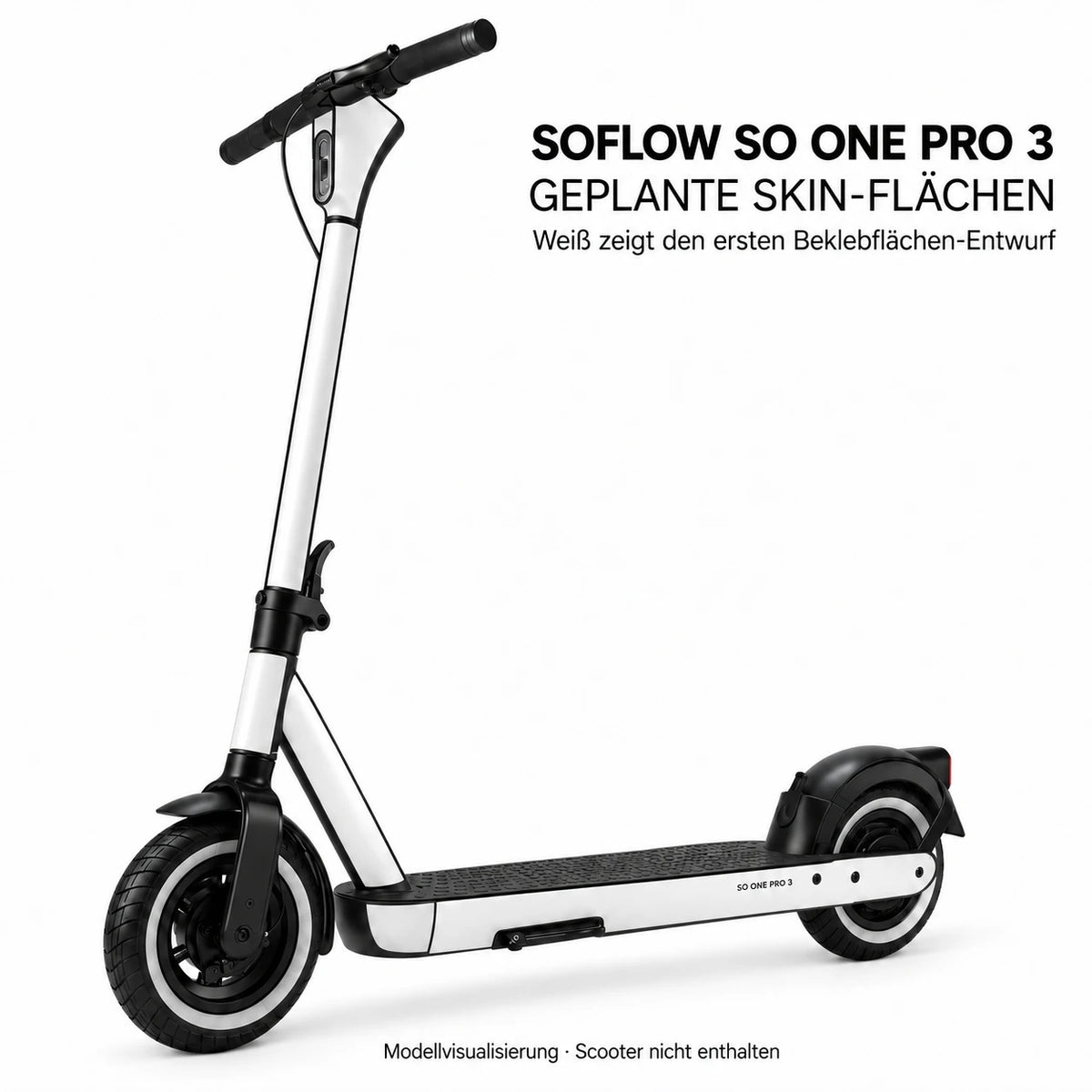 SoFlow SO ONE PRO 3 – weiße Skinflächen an Lenkkopf, Lenkstange, Rahmenhals mit Unterrohr und den Seiten des Trittbretts vorn und hinten. Reifen, Leuchten und Trittmatte bleiben frei; Scooter nicht enthalten.