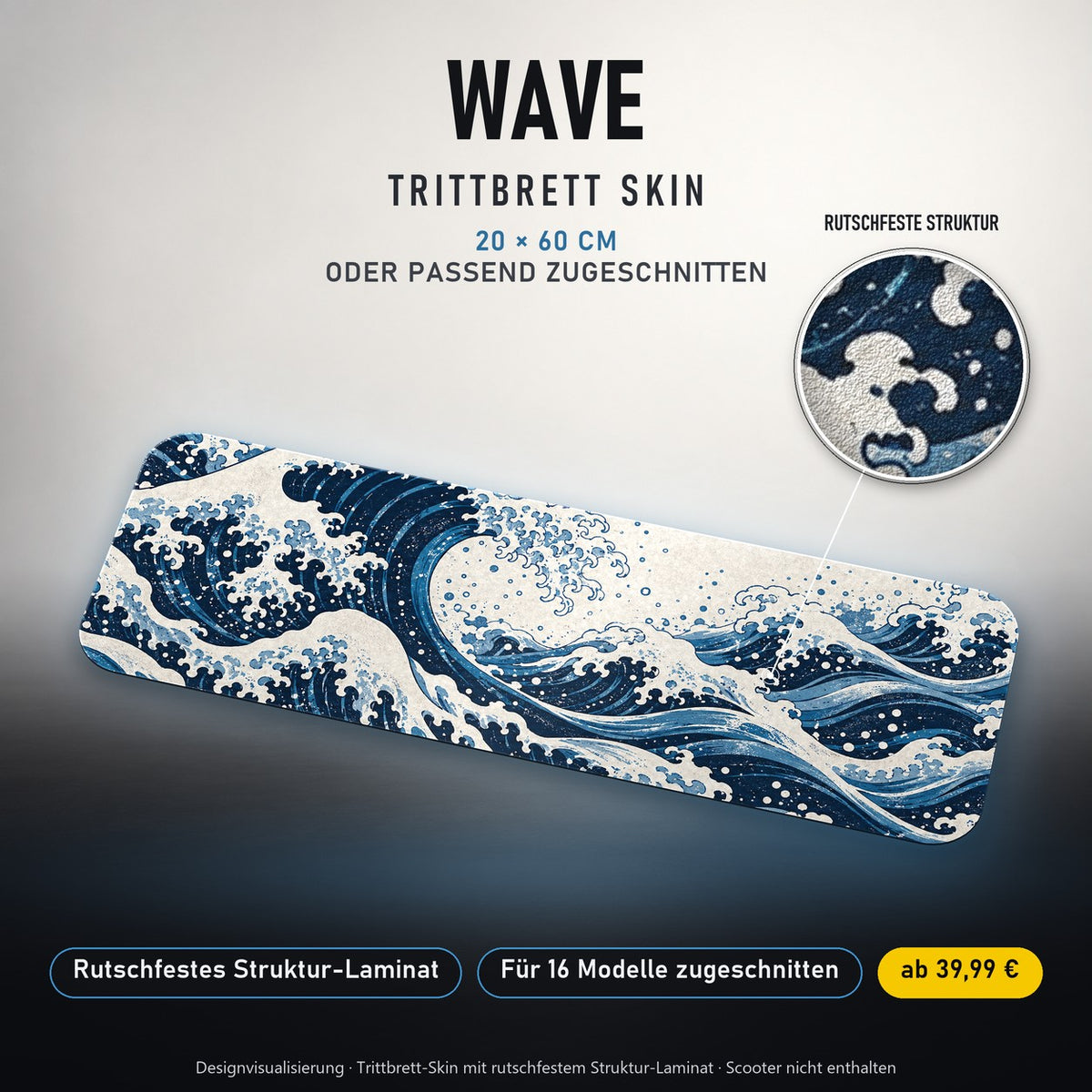 TRITTBRETT SKIN | WAVE – Trittbrett-Skin 20 × 60 cm oder passend zugeschnitten, mit rutschfestem Struktur-Laminat. Designvisualisierung.