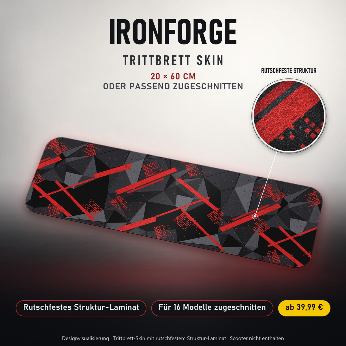 TRITTBRETT SKIN | IRONFORGE – Trittbrett-Skin 20 × 60 cm oder passend zugeschnitten, mit rutschfestem Struktur-Laminat. Designvisualisierung.