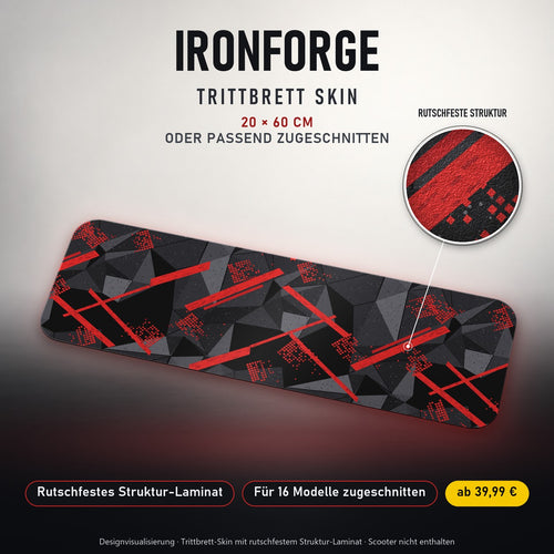 TRITTBRETT SKIN | IRONFORGE – Trittbrett-Skin 20 × 60 cm oder passend zugeschnitten, mit rutschfestem Struktur-Laminat. Designvisualisierung.