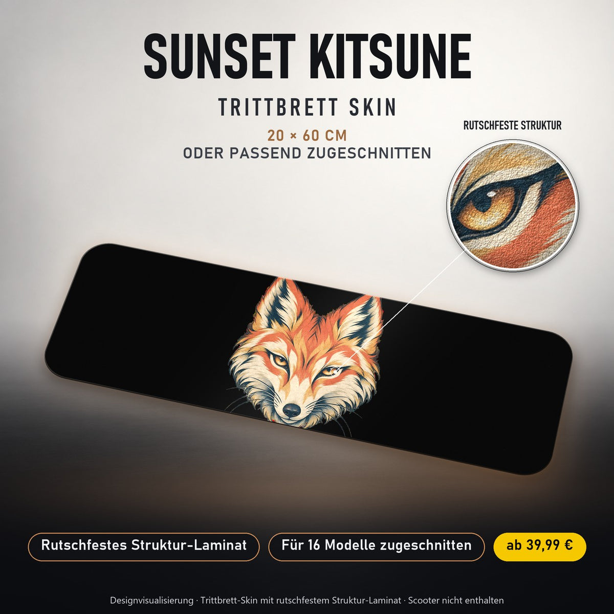 TRITTBRETT SKIN | SUNSET KITSUNE – Trittbrett-Skin 20 × 60 cm oder passend zugeschnitten, mit rutschfestem Struktur-Laminat. Designvisualisierung.