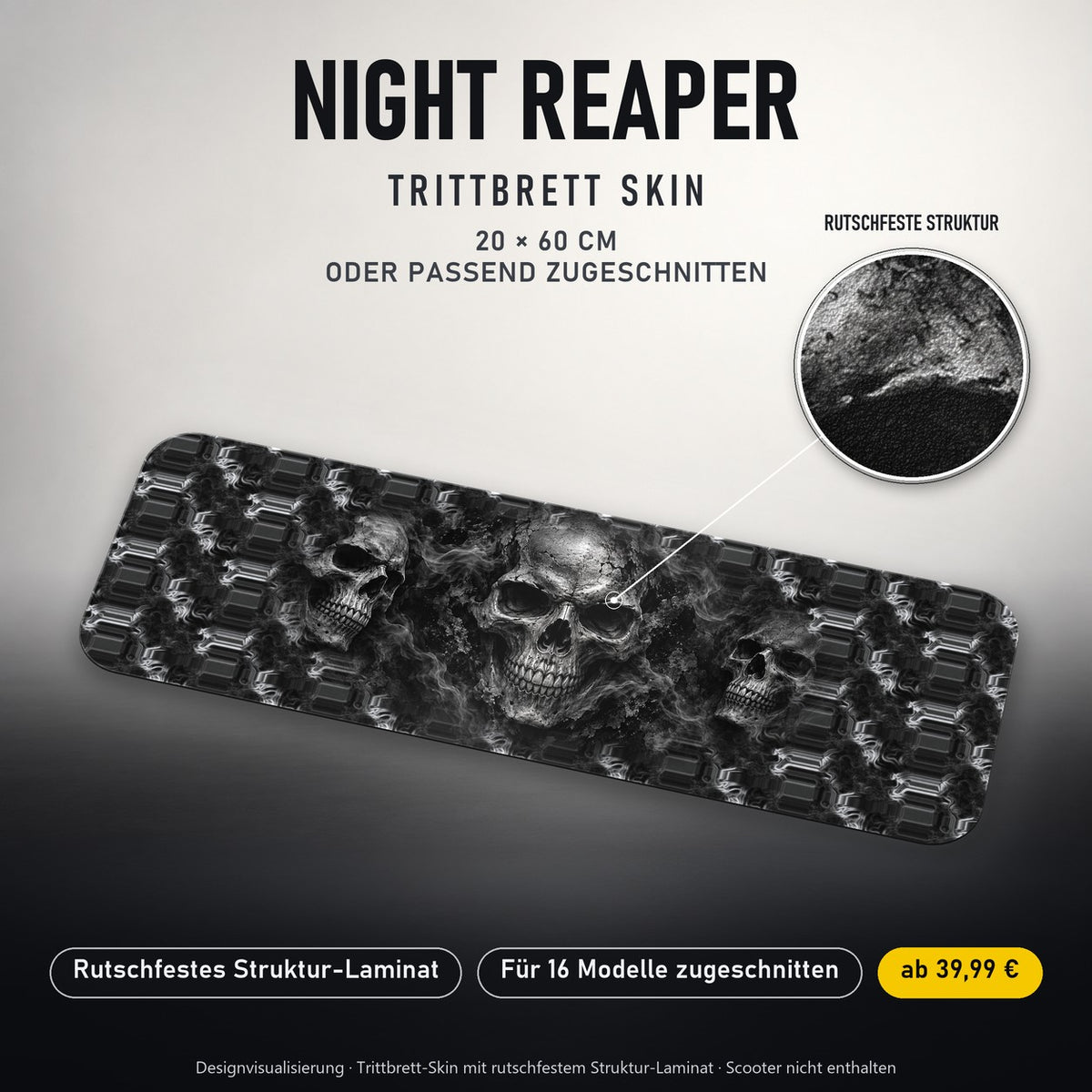 TRITTBRETT SKIN | NIGHT REAPER – Trittbrett-Skin 20 × 60 cm oder passend zugeschnitten, mit rutschfestem Struktur-Laminat. Designvisualisierung.