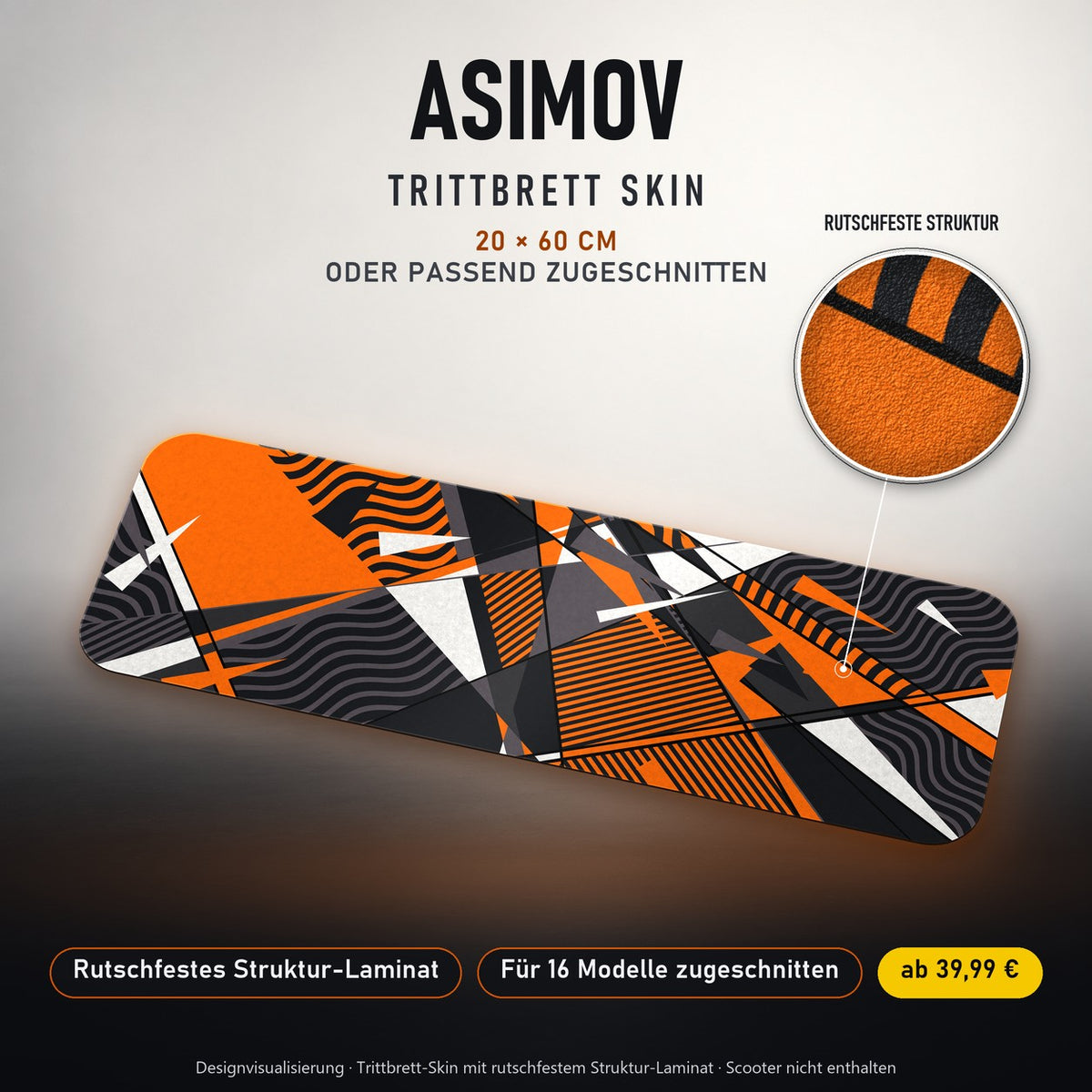 TRITTBRETT SKIN | ASIMOV – Trittbrett-Skin 20 × 60 cm oder passend zugeschnitten, mit rutschfestem Struktur-Laminat. Designvisualisierung.