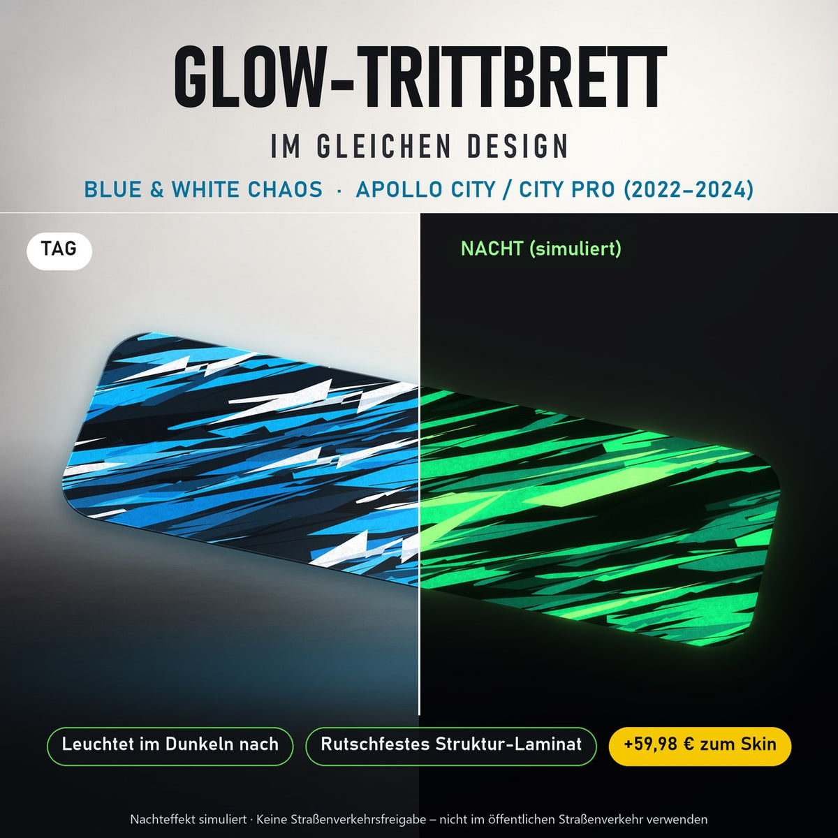 Glow-Trittbrett – BLUE & WHITE CHAOS, Tag/Nacht