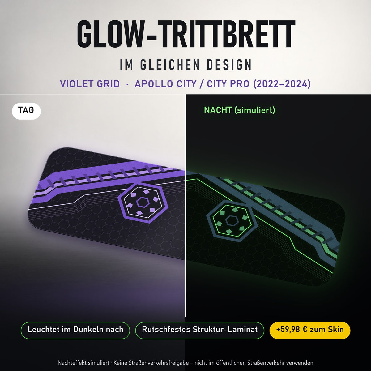 Glow-Trittbrett – VIOLET GRID, Tag/Nacht