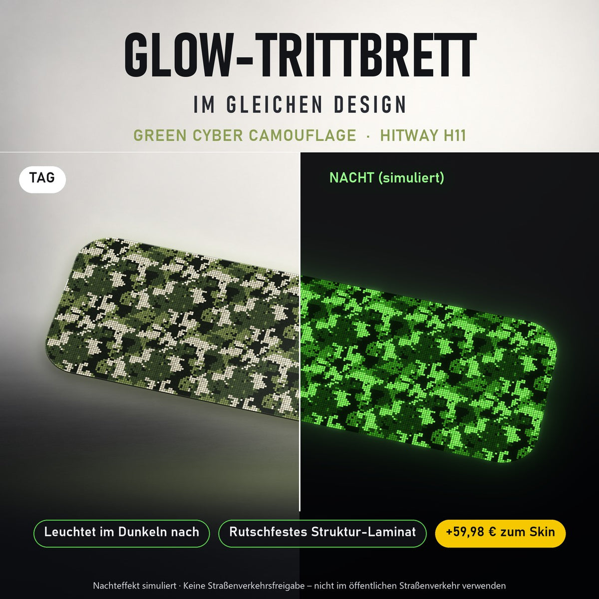 Glow-Trittbrett – GREEN CYBER CAMOUFLAGE, Tag/Nacht