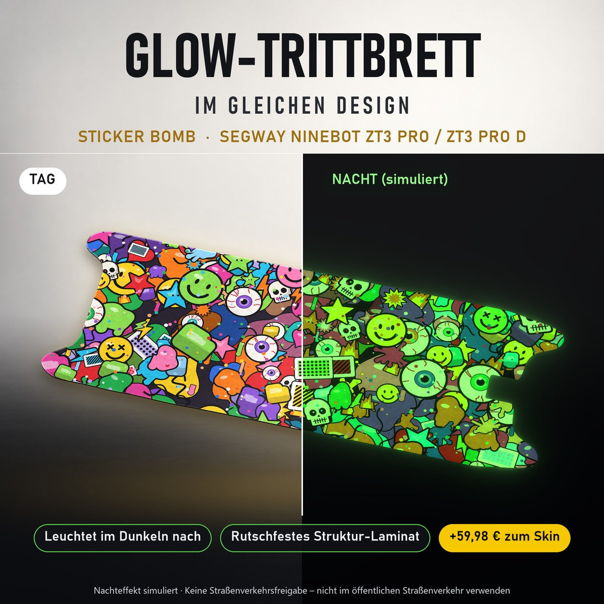 Glow-Trittbrett – STICKER BOMB, Tag/Nacht