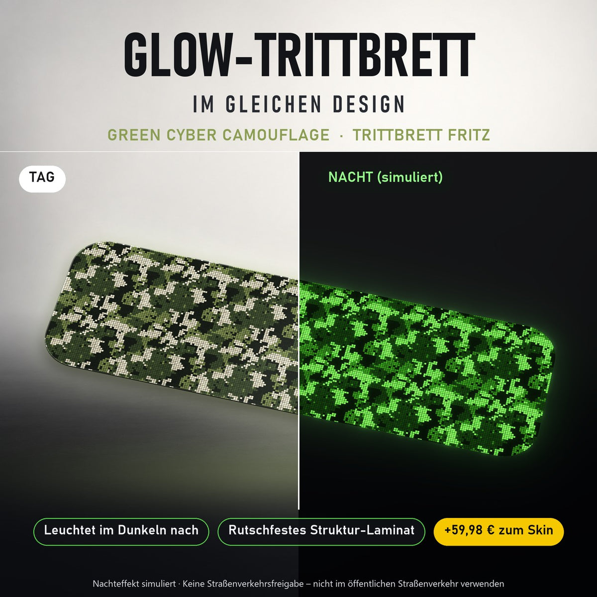 Glow-Trittbrett – GREEN CYBER CAMOUFLAGE, Tag/Nacht