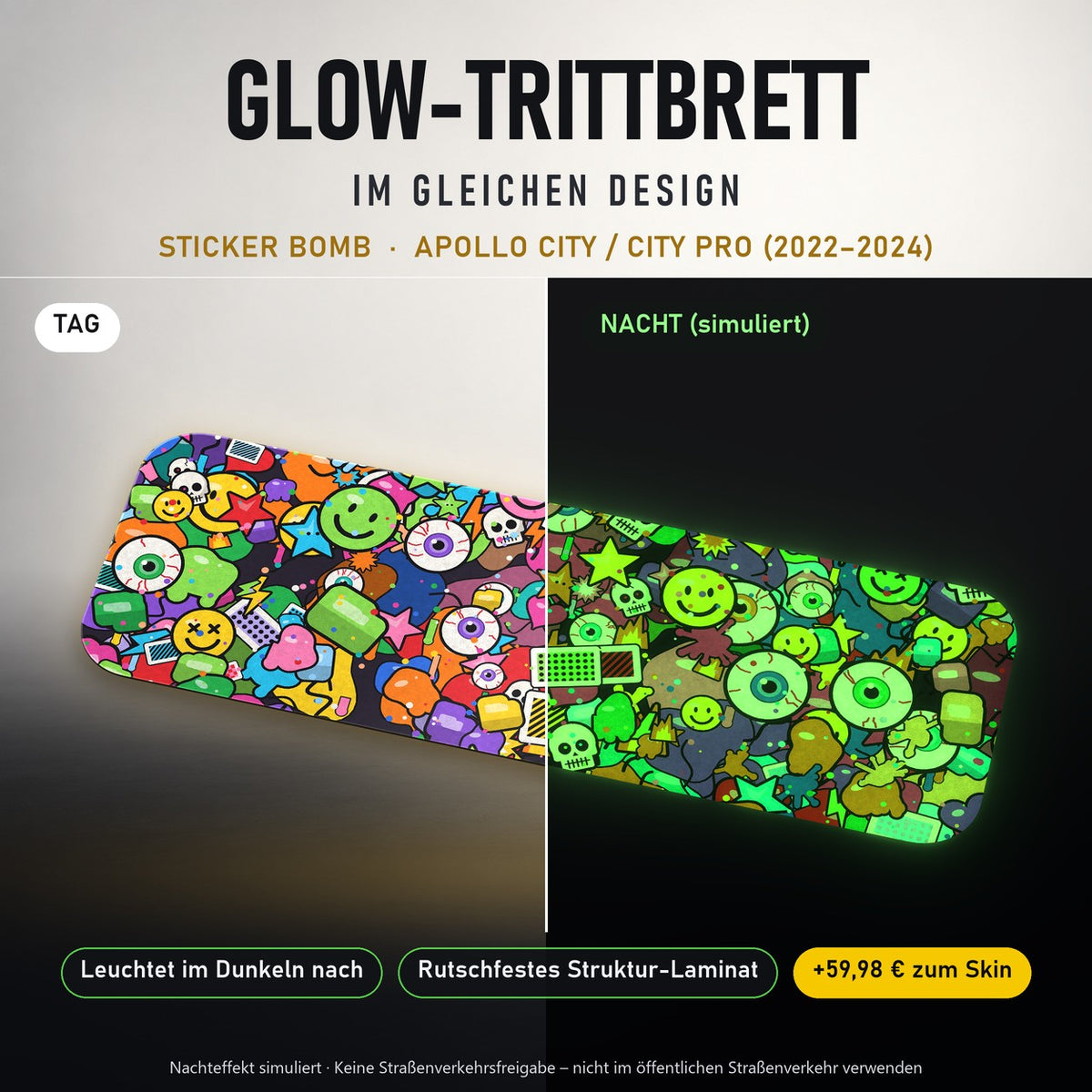 Glow-Trittbrett – STICKER BOMB, Tag/Nacht