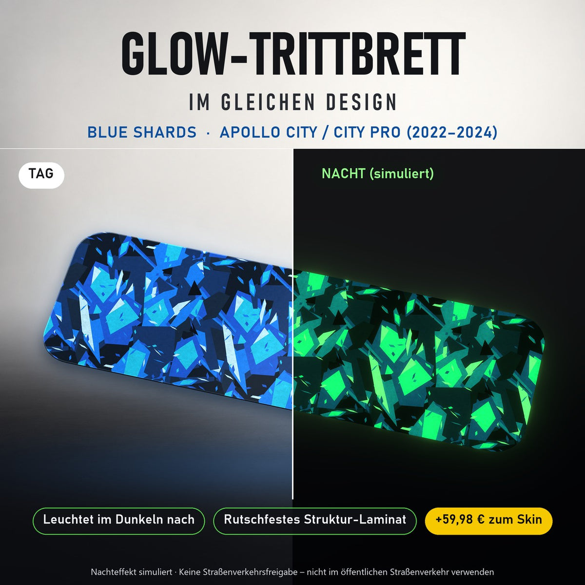 Glow-Trittbrett – BLUE SHARDS, Tag/Nacht